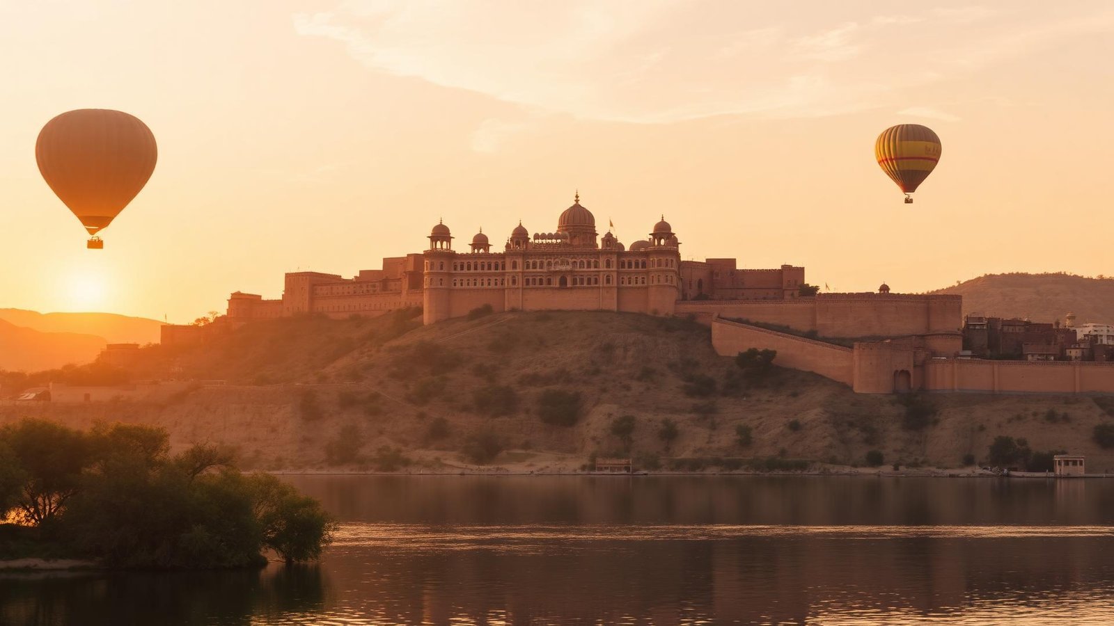Amber Fort, Jaipur at sunset with hot air balloons